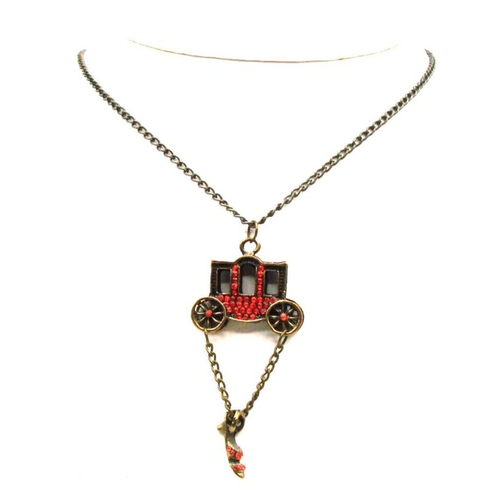 Cinderella Carriage and Slipper Red Rhinestones Charm Pendant Necklace Brass 32"
